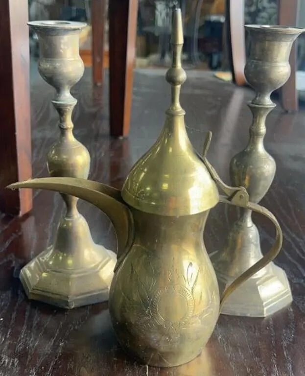 Brass Pitcher & Cast Metal Candle Holders