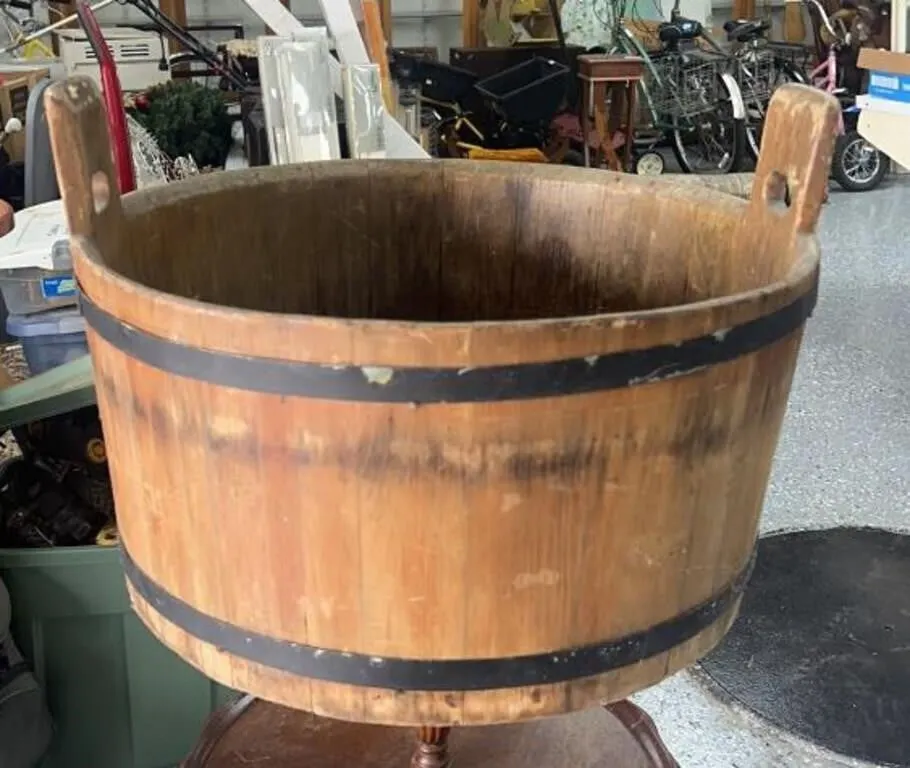 Large Banded Wooden Staved Tub With Handles
