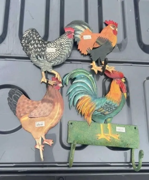 Four Metal Roosters & Chickens With Hooks