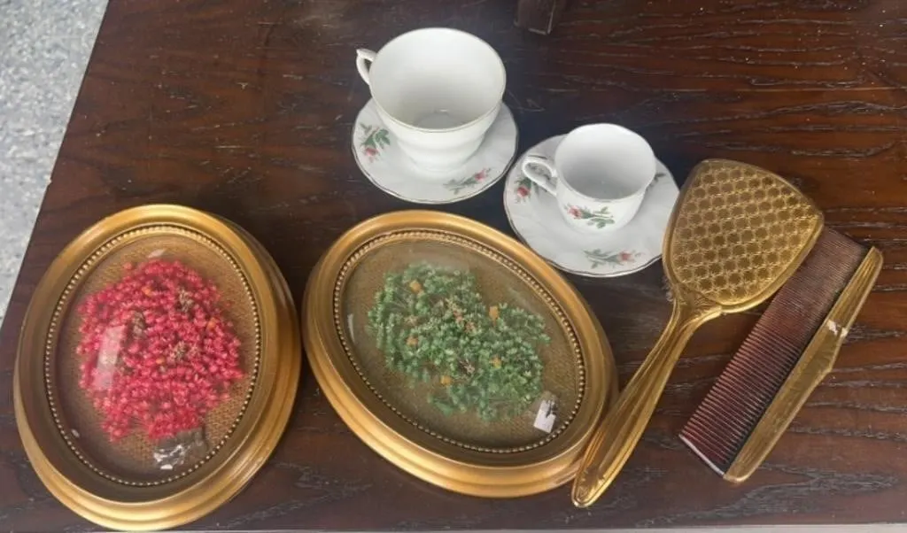 Teacups, Brush & Comb, Dried Flowers Oval Frames