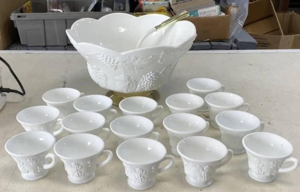 Punch Bowl and Cups, Milk Glass