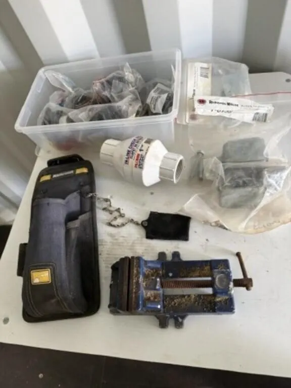 Box of Misc - 3" Wood Vise, Hangers and