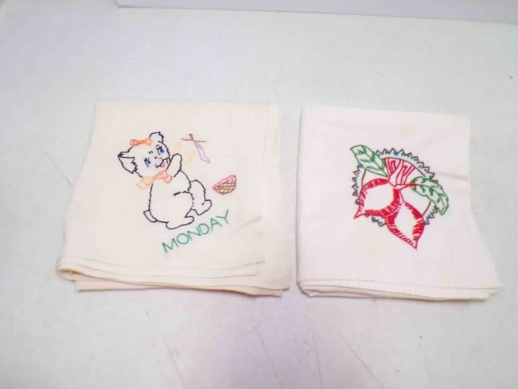 2 Vintage Large Embroidered Dish Towels - Some