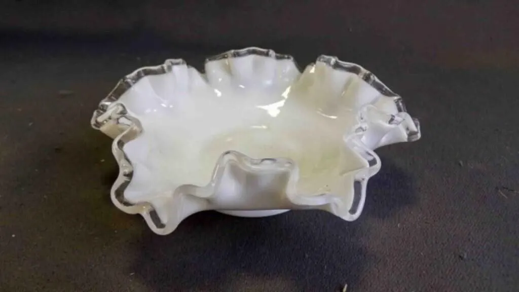 Vintage Milk Glass & Crystal Crest Ruffled Bowl