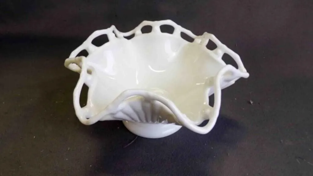 Vintage Milk Glass Open Lace Ruffled Bowl