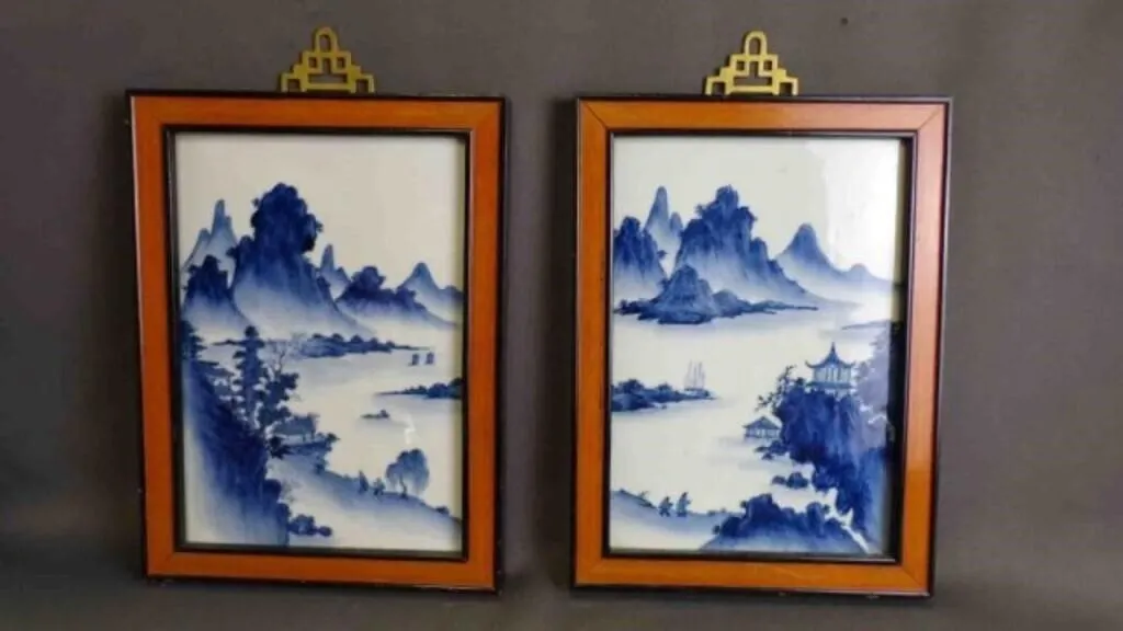 2 Framed Hand-Painted Blue/White Porcelain Art