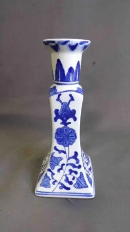 Vintage Blue & White Ceramic Candlestick Holder