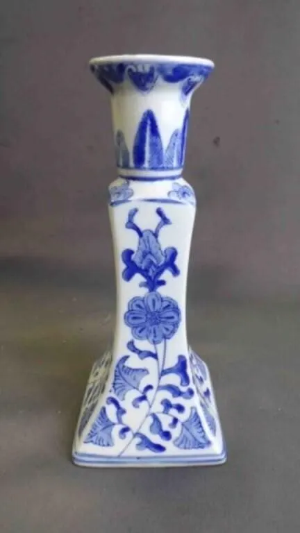 Vintage Blue & White Ceramic Candlestick Holder