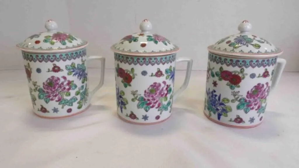 3 Vintage Chinese Famile Rose Tea Mugs w/Handle