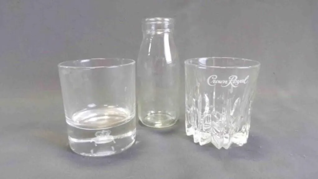 3 Clear Glass Vessels Crown Royal, Milk Bottle &