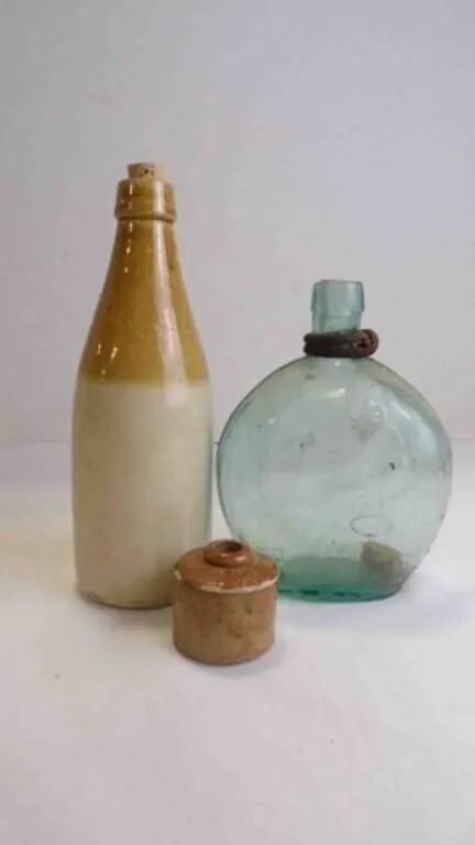 3 Antique Stoneware Pottery & Glass Vessels