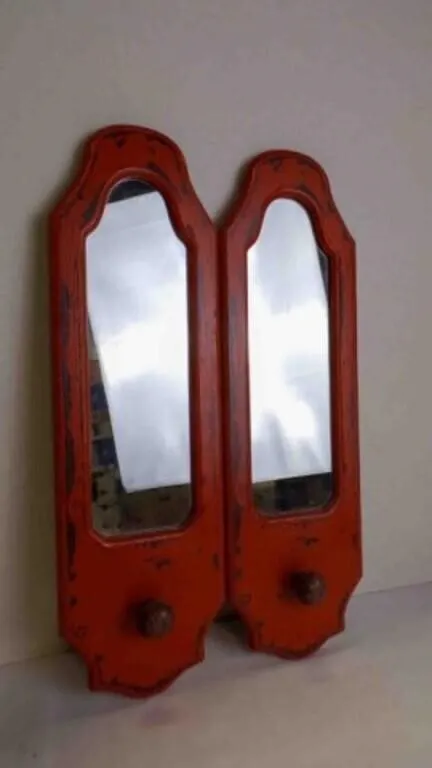 Distressed Orange Wood Wall Hanging Mirrors w/Pegs