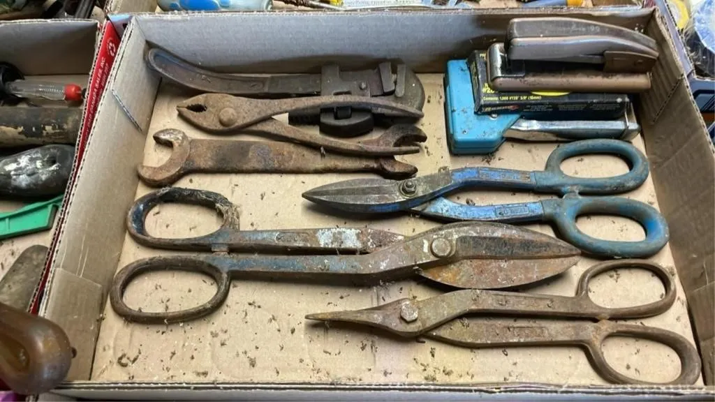 Tin snips, wrench, staplers