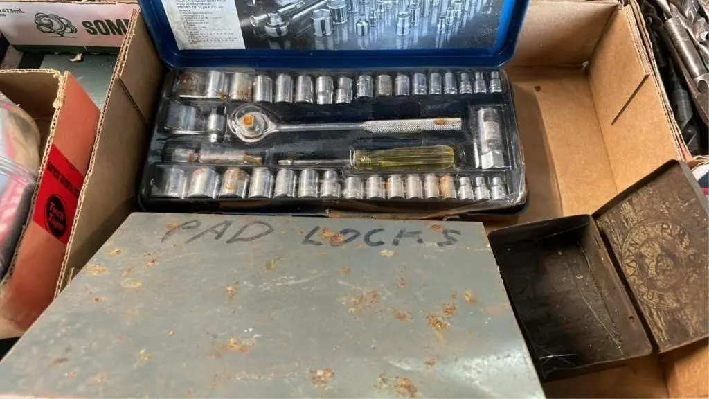40pc socket set and 2 empty metal boxes
