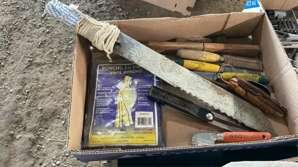 Homemade knife, poncho, chisels and more