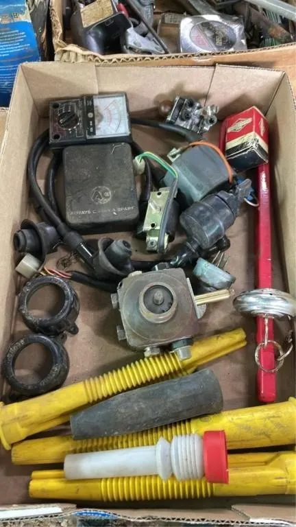 Assorted gas can funnels and electrical parts