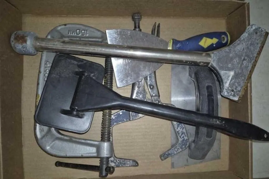 Assorted Hand Tools: Clamp, Trowel, Scraper