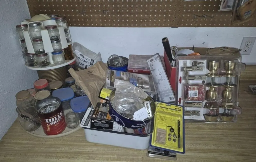 Assorted Hardware: Door Knobs, Locks, Drill Bits