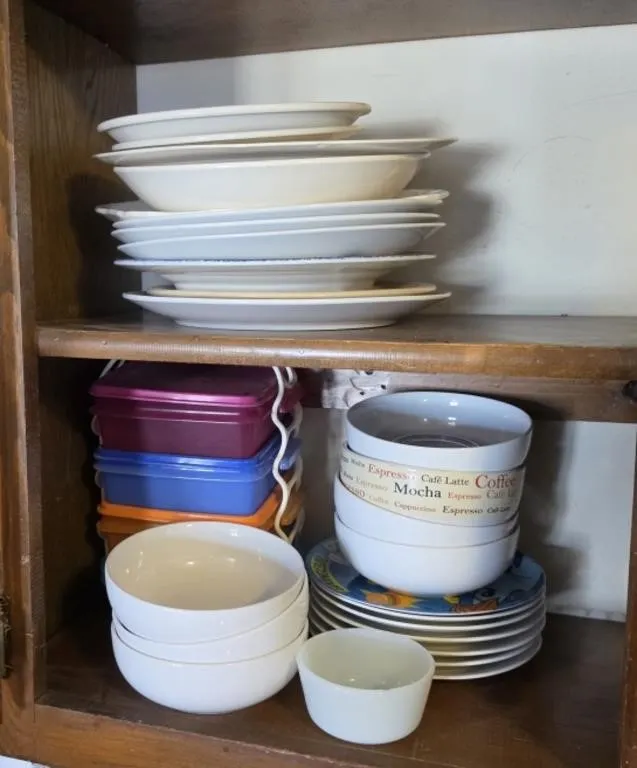 Assorted Kitchen Bowls, Plates, and Storage