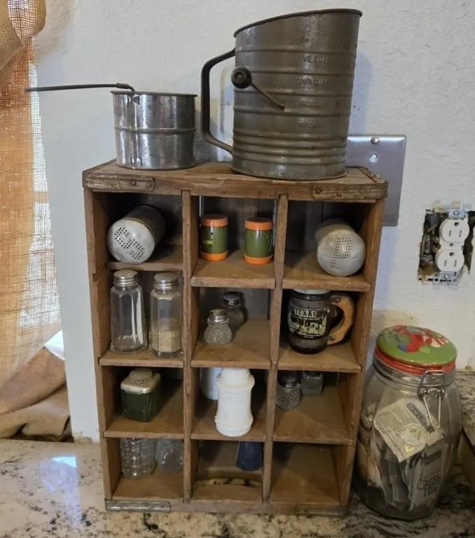 Wooden Display Shelf w/ Assorted Kitchen