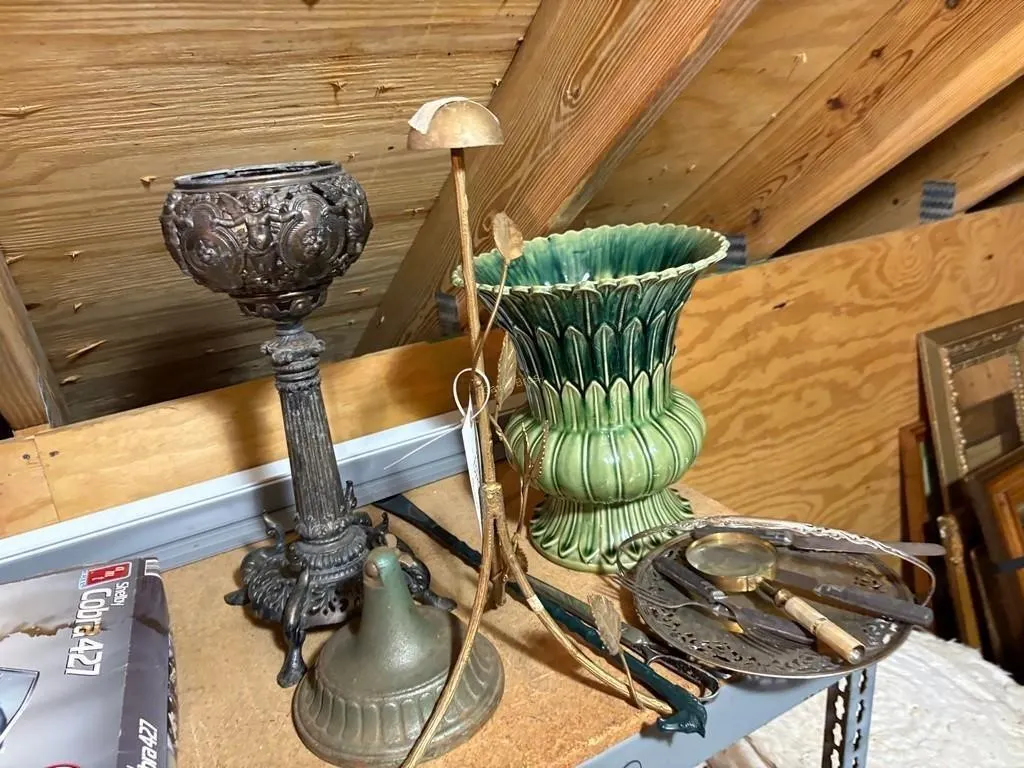 Silver Toned Plant Stand, Utensils, Pot