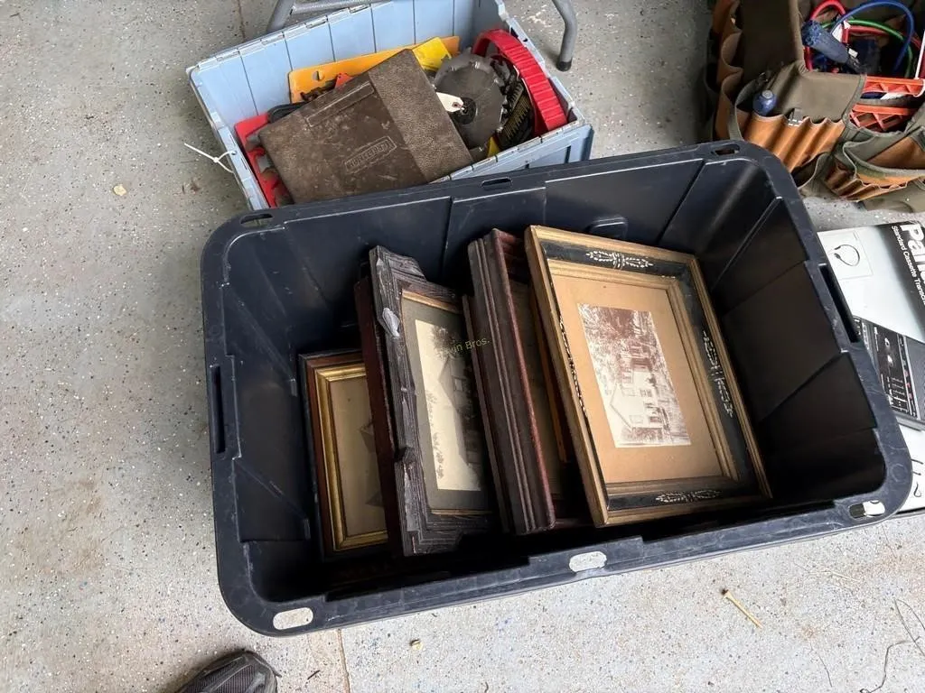 Tote of Misc Antique Pictures & Frames