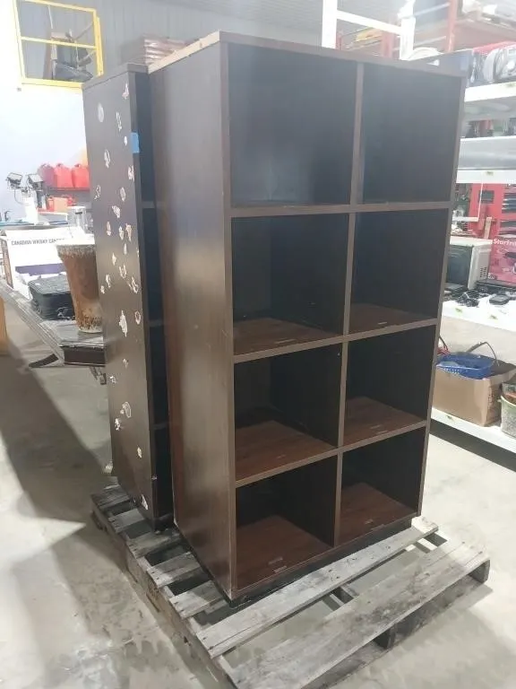 2 Dark wood 8 cubby shelfs, 62"H x 32"L x 17 1/2"W