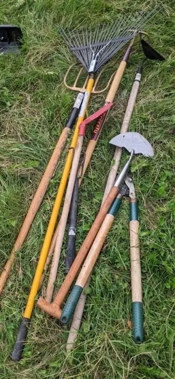 Assorted pitch fork, rake, hoe, hedge trimmer