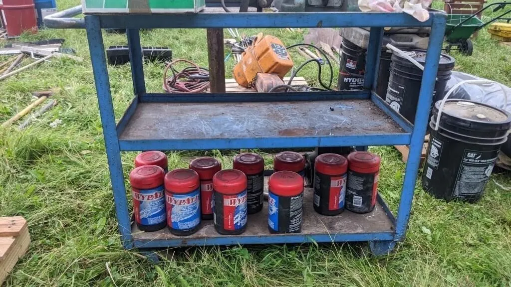 Blue Steel shop cart w/ plastic tubs of hardware