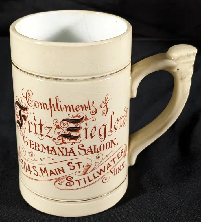 PRE PRO PROHIBITION POTTERY BEER STEIN MUG FRITZ ZIEGLER GERMANIA SALOON STILLWATER MINNESOTA