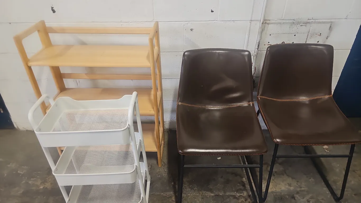 Leather Chairs, Cart and Shelf