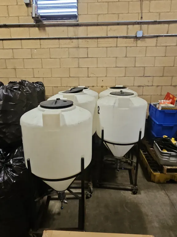 (5) 85 Gallon Plastic Conical Fermentation Tanks