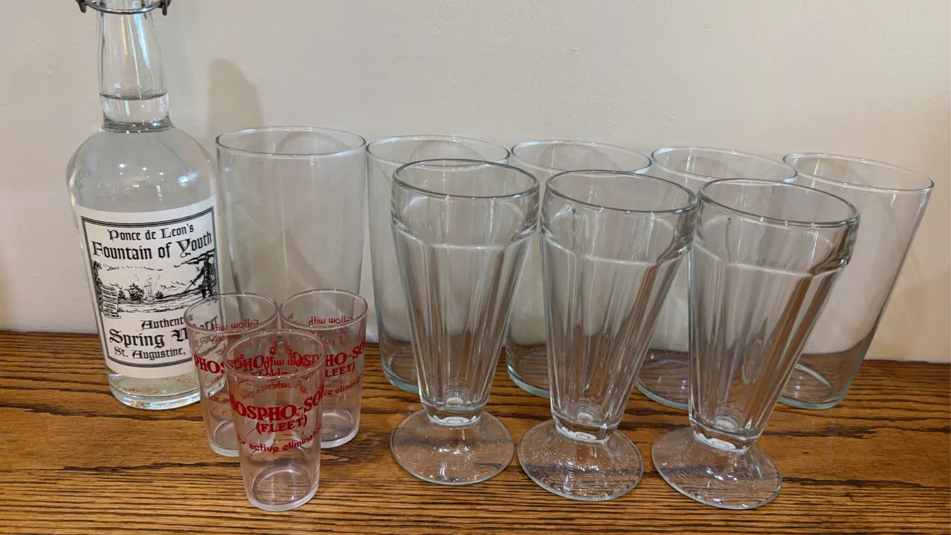 Assorted Glasses & Fountain of Youth Water