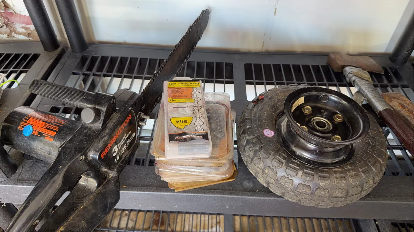 Chainsaw, Tire Rims, Axe, Wedge
