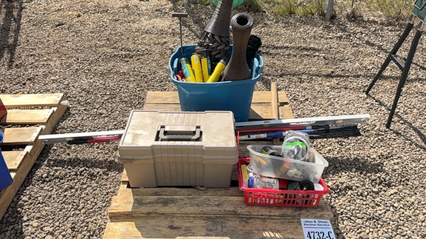 TOOLBOX W/ DRYWALL, TOOLS, NAILS, BOLTS, SOCKETS, TOW STRAPS, GREASE, LEVEL