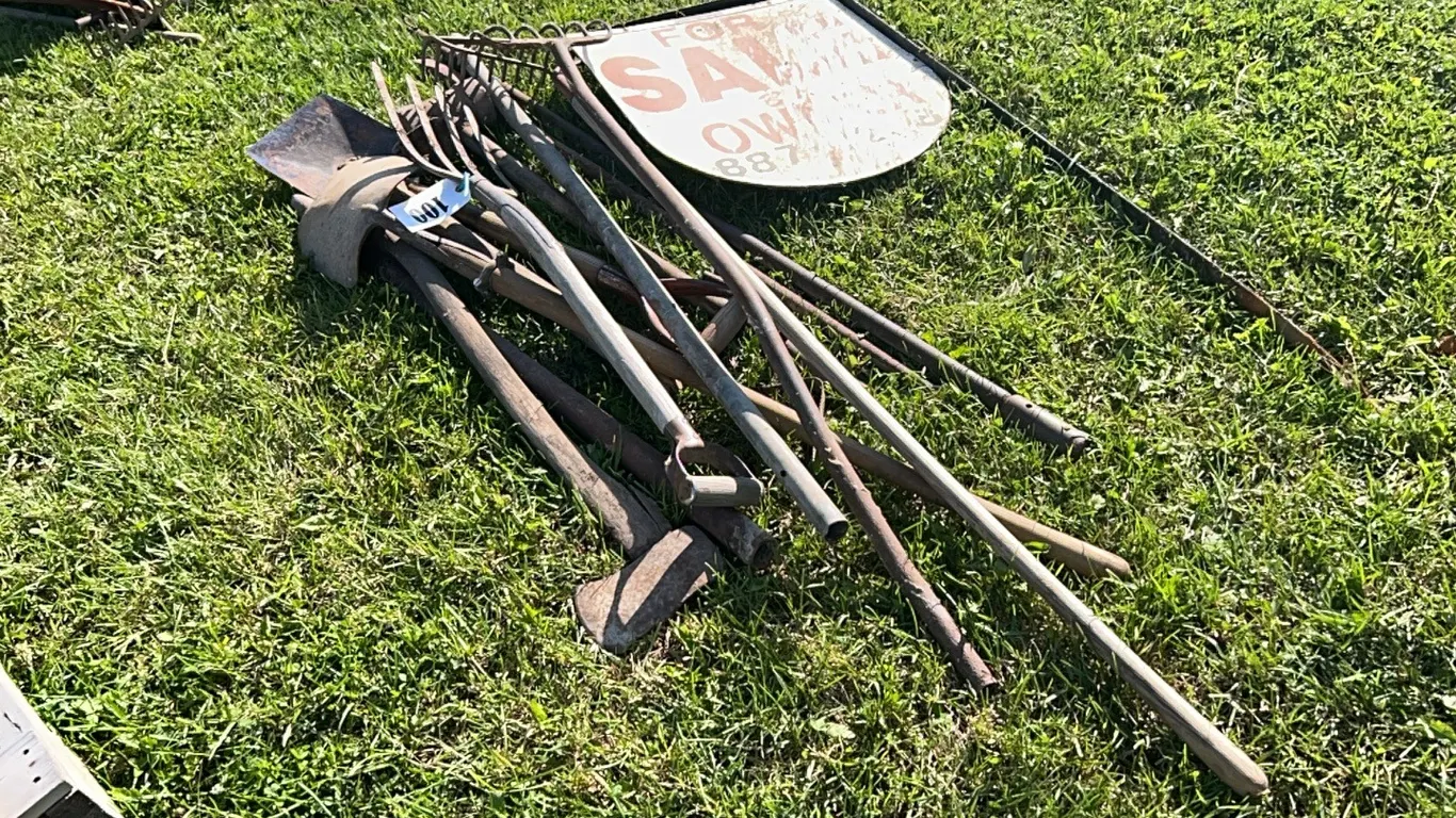POST MAUL, AXE, SHOVEL, POTATO FORK, CROW BAR & MORE