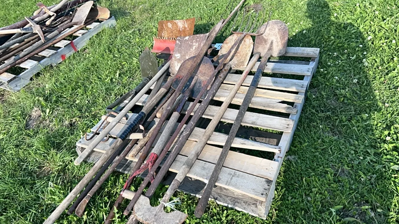 ASSORT SHOVELS, RAKE, FORK, BALE HOOKS & MORE
