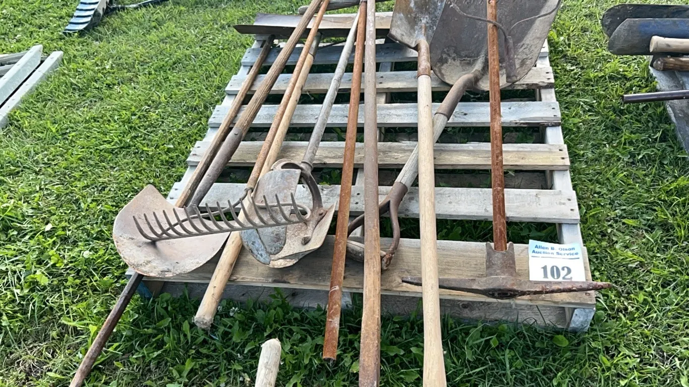 POST HOLE DIGGER, ASSORT SHOVELS, PICK, CROWBAR & MORE