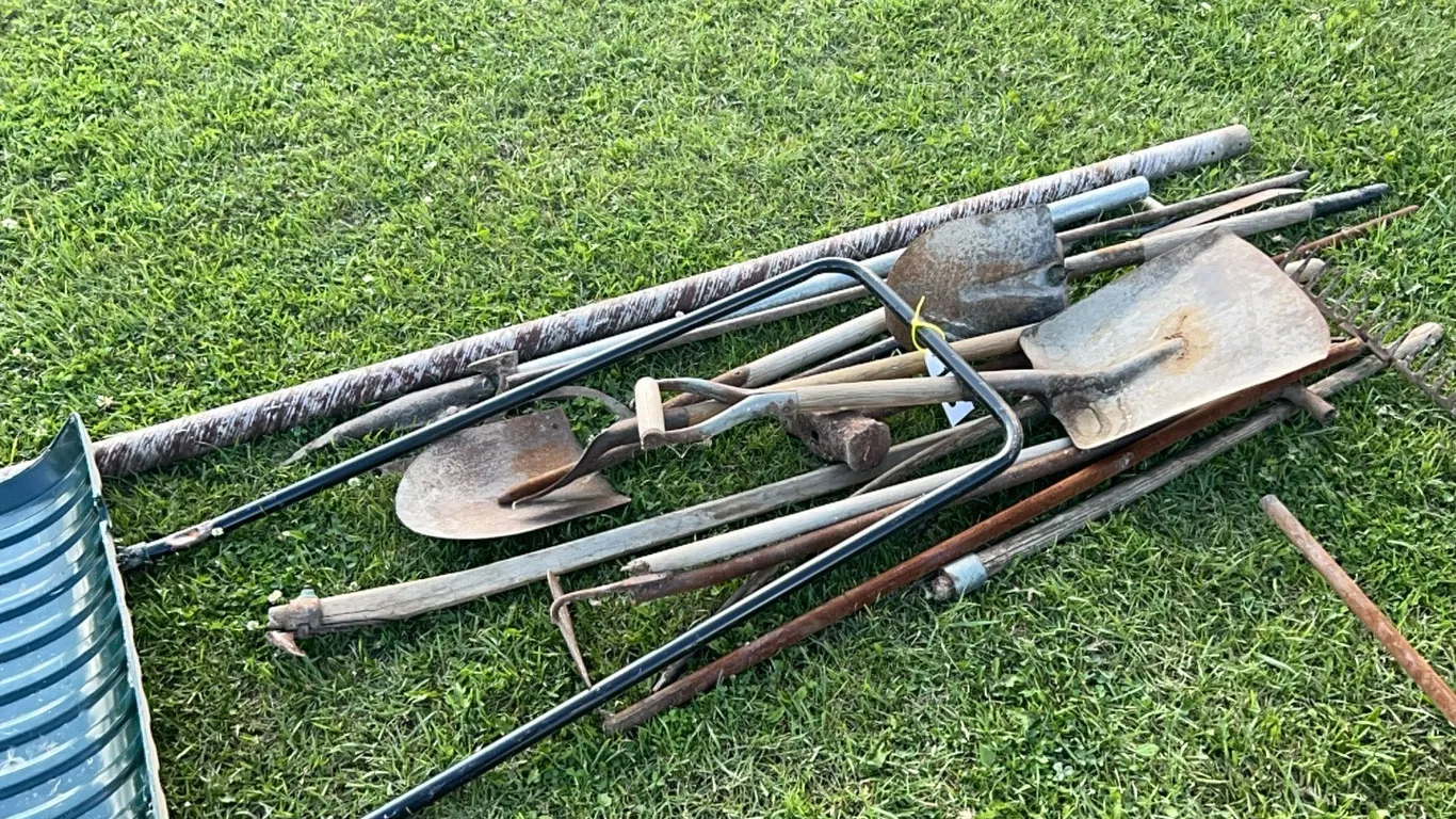 ASSORT SHOVELS, CANT HOOK, GARDEN HOE, RAKE & MORE