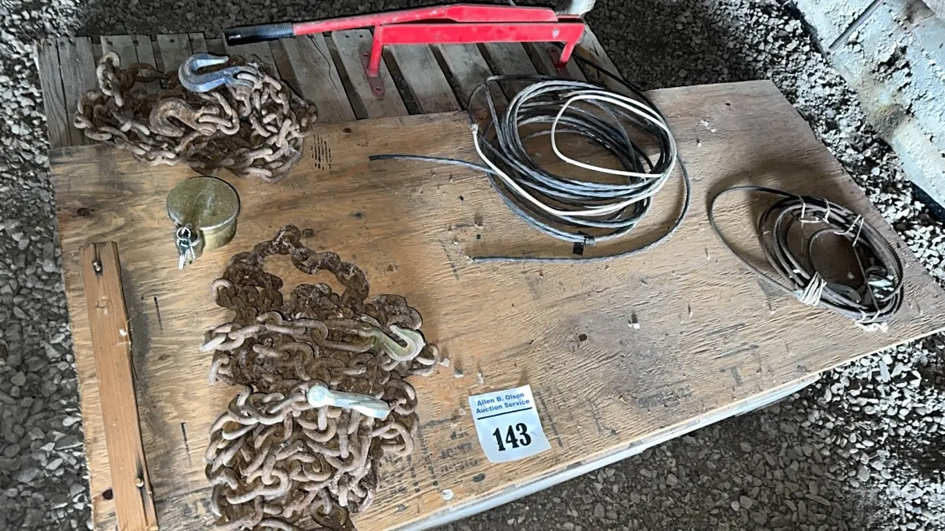 2 - LONG CHAINS w/ HOOKS, CABLE CUTTER, BRICK CUTTER & MORE