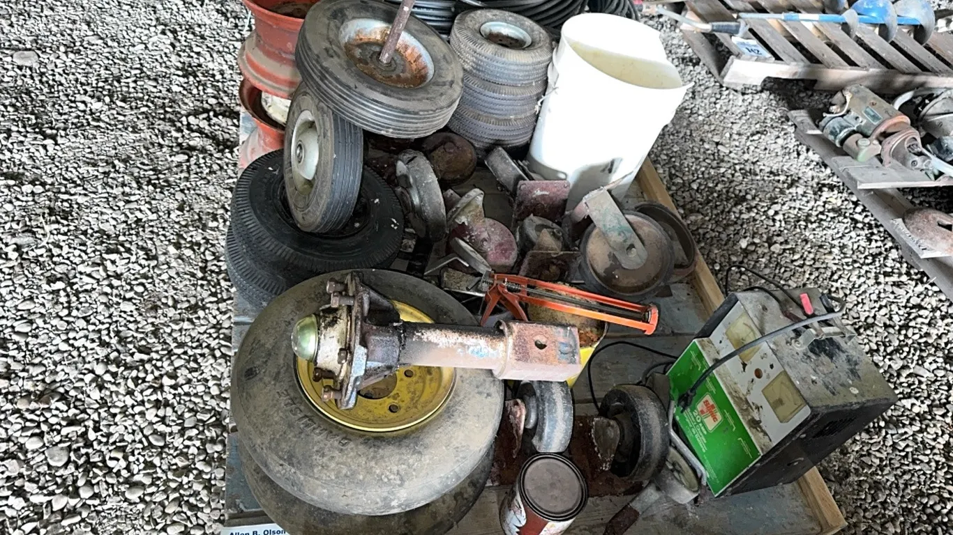ASSORT SM WHEELS, CASTORS, BATTERY CHARGER, 6 HOLE STUB AXLE & MORE
