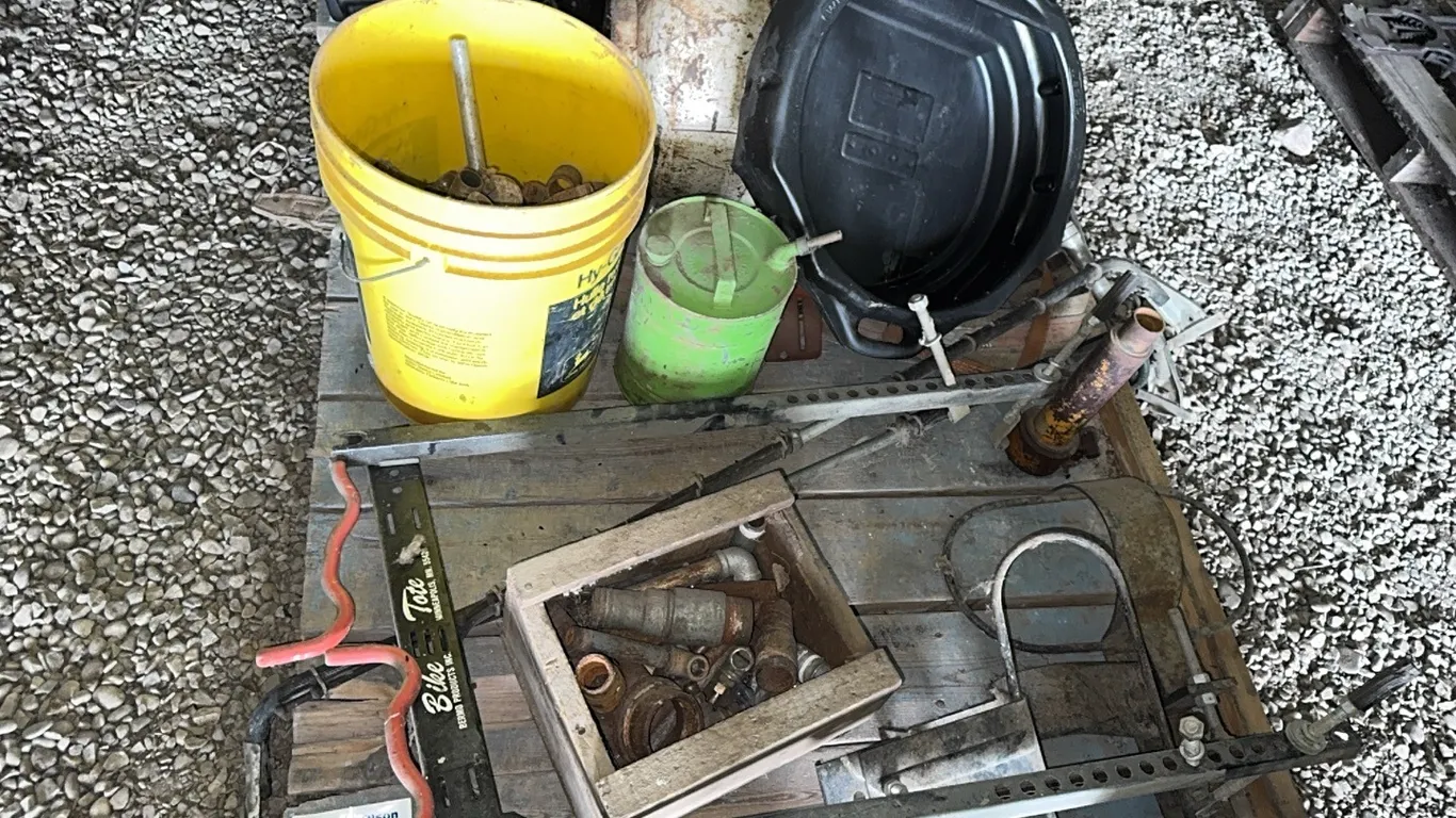 PROPANE TORCH w/ BOTTLE, OIL PAN, IMPLEMENT JACK, ASSORT PIPE NIPPLES & MORE