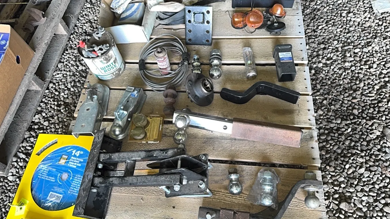 ASSORT TRUCK HITCHES & BALLS, 14" METAL CUTTING BLADE, CABLE, TRAILER BALL COUPLERS & MORE