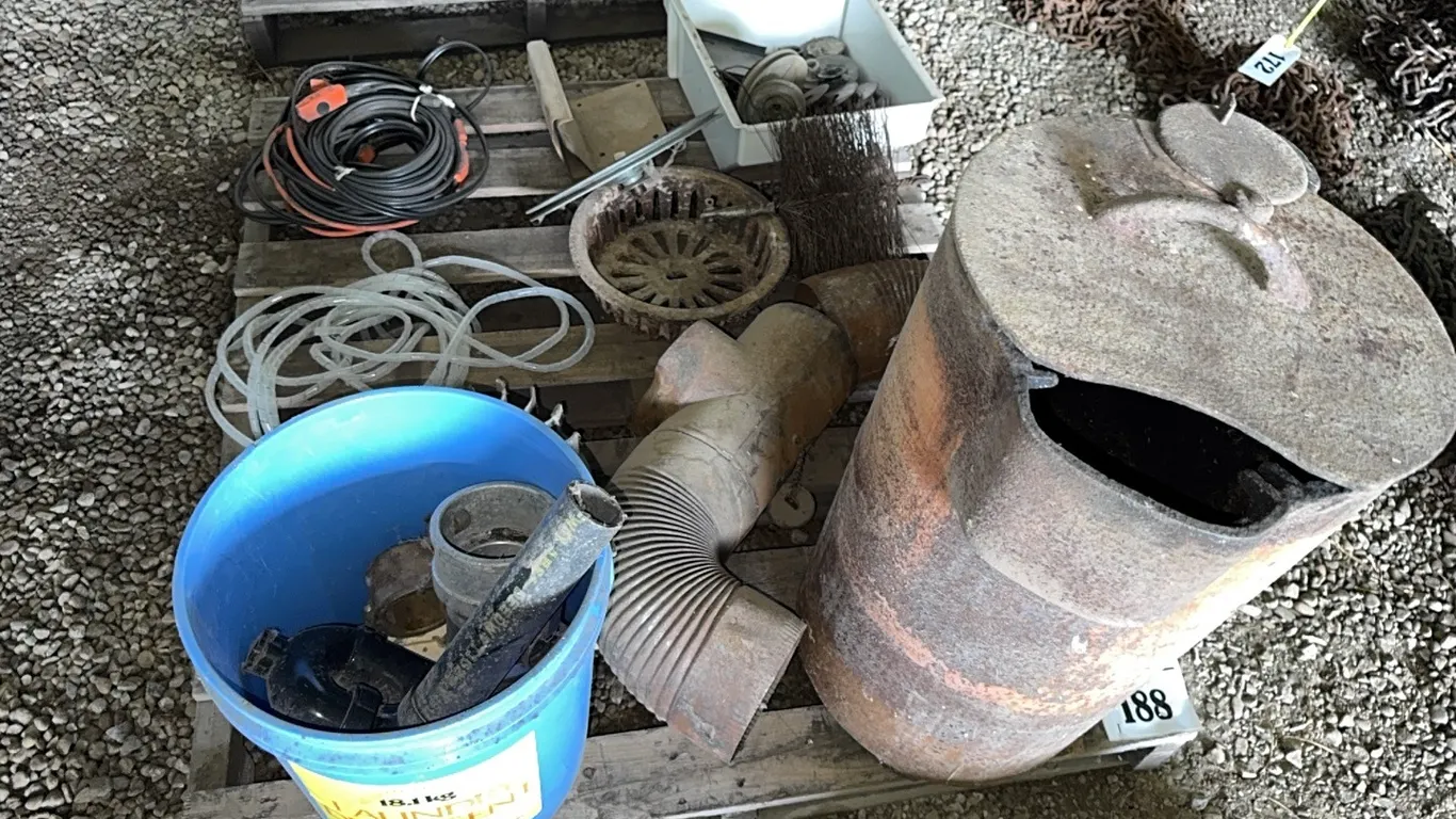 VINTAGE WATER TANK HEATER, STOVE PIPE, CHIMNEY BRUSH, WIRE LOOM & MORE