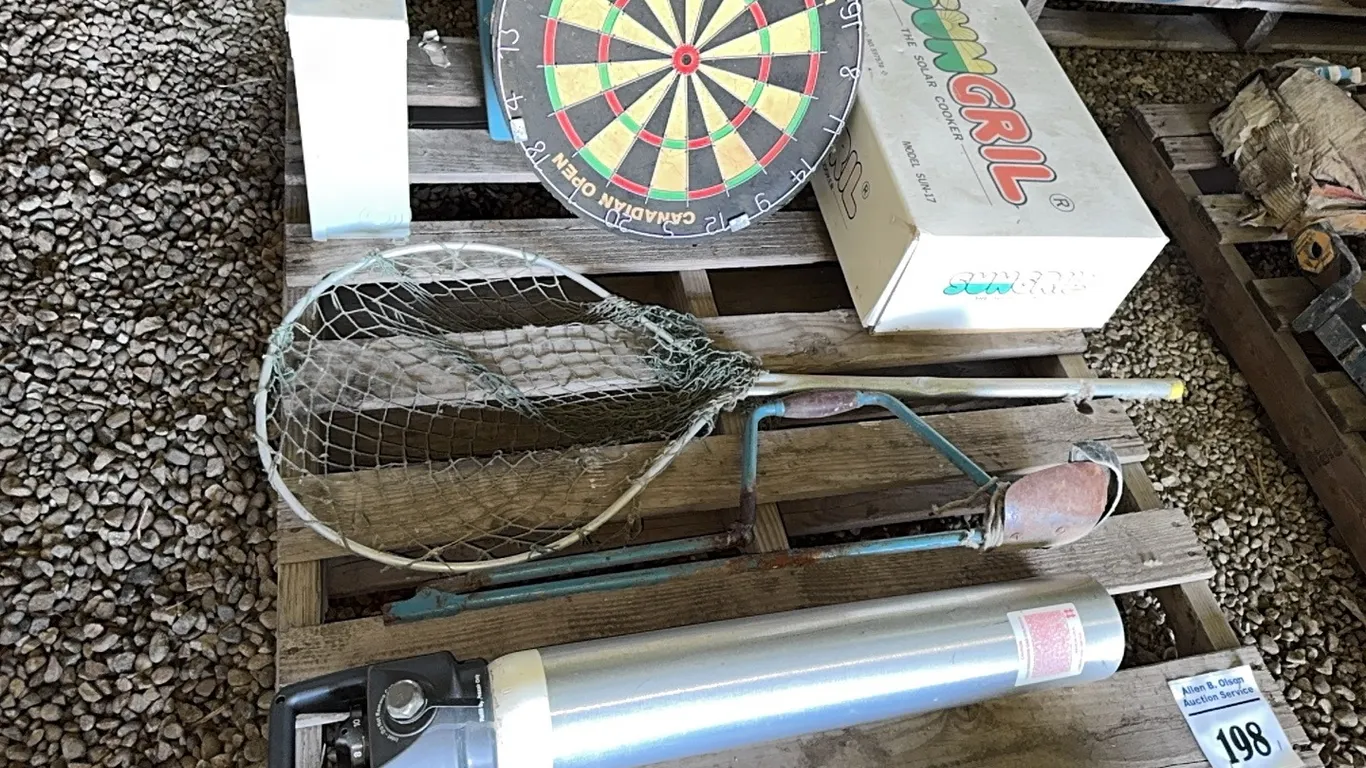 FISH NET, ICE DIGGING SPOON, DART BOARD, SOLAR COOKER, COOLER & MORE