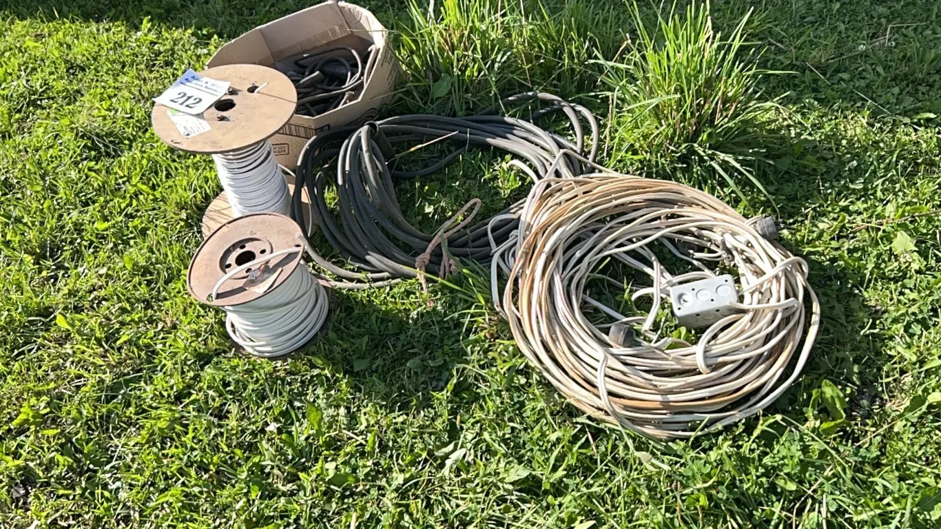 2 SETS OF WELDING CABLES w/ ELECTRODES & GROUND CLAMP & HOUSEHOLD ASSORT WIRE