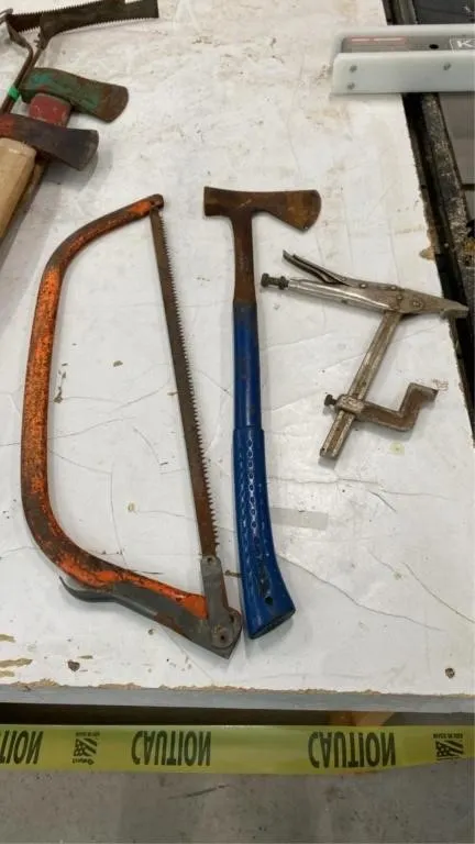 Camper�s axe, hand saw, locking pliers clamp