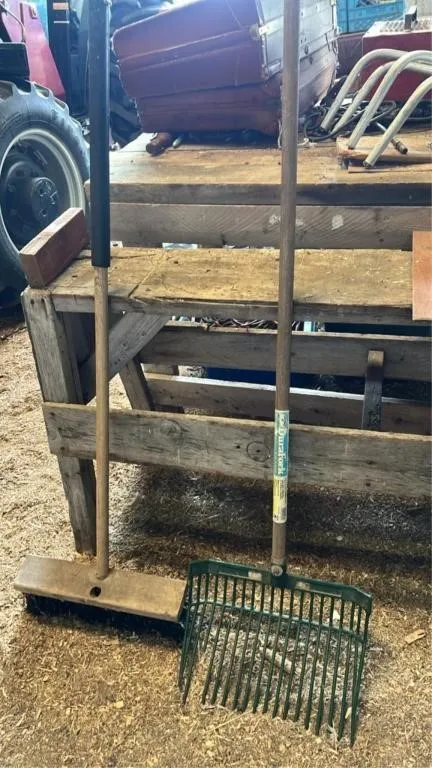 Shop broom and hay fork