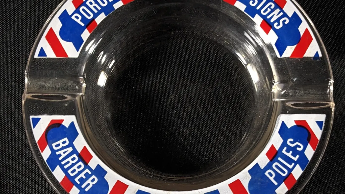 WILLIAM MARVY CO ST PAUL MINNESOTA PORCELAIN ENAMELED SIGNS BARBER POLES GLASS ADVERTISING ASHTRAY