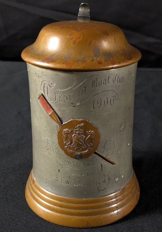 1906 BEER MUG STEIN PEWTER & COPPER TROPHY CRESCENT BOAT CLUB EIGHT OARED SHELL WON BY R.L. WELDIE N